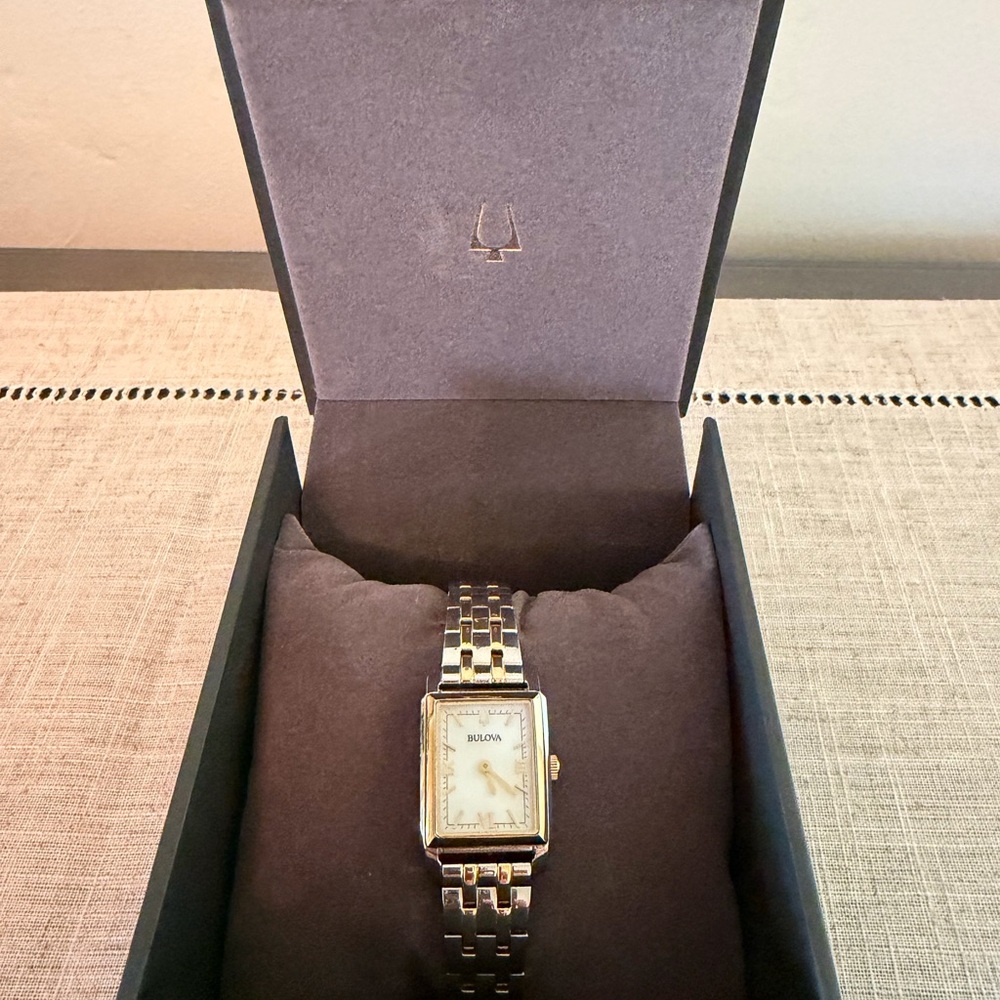 Bulova Two-Tone Rectangular Watch in Silver and Gold